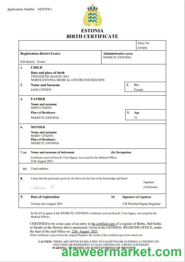 Estonia vital record birth certificate Word and PDF template